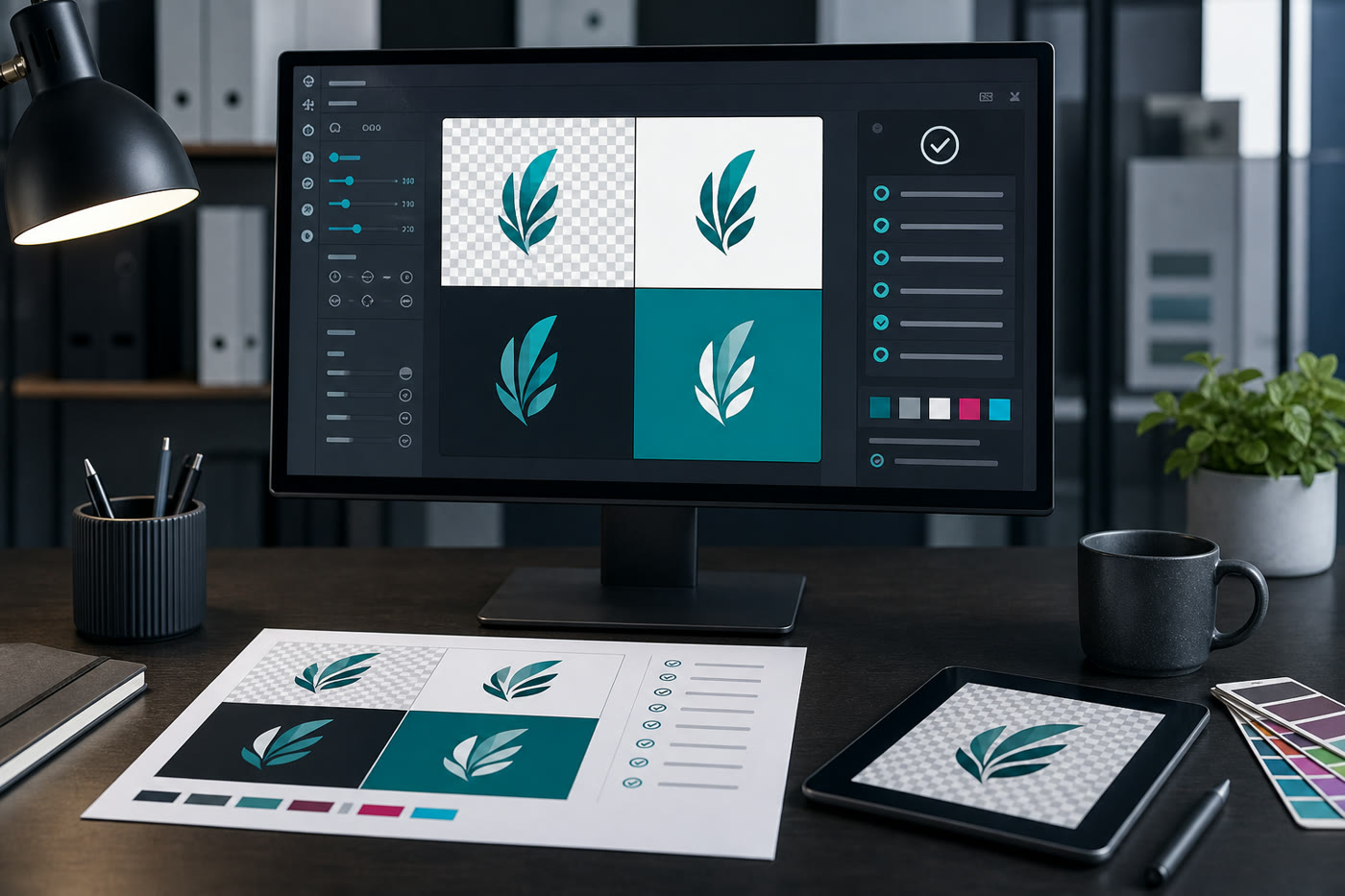 Corporate workstation showing transparent PNG export checks across checkerboard, light, dark, and brand-color previews